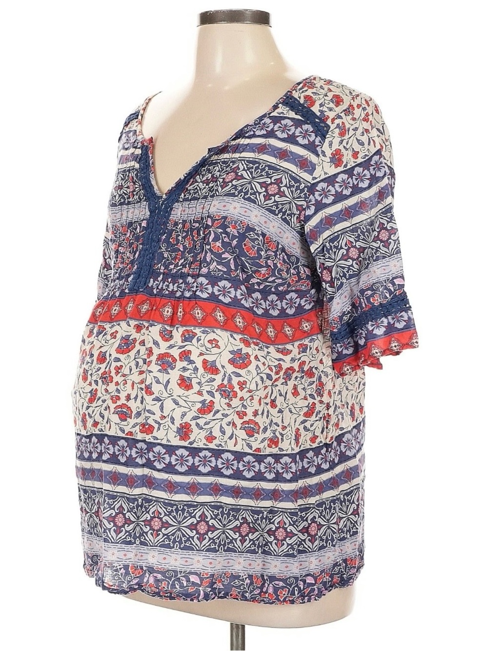 Motherhood Navy, Red & Cream Floral V-Neck Maternity Tunic